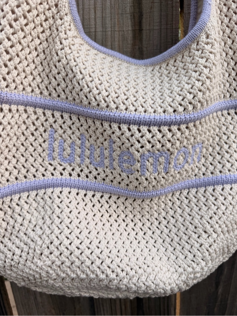 NWT lululemon athletica Cream Crochet Shoulder Bag with Lavender Trim - Picture 2 of 13